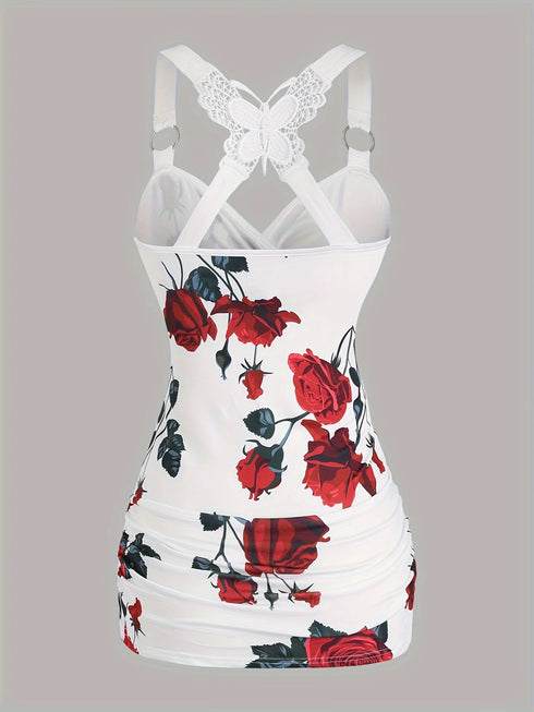 Rose Print Pleated Suspenders Butterfly Lace Cross Vest Women’s Tops